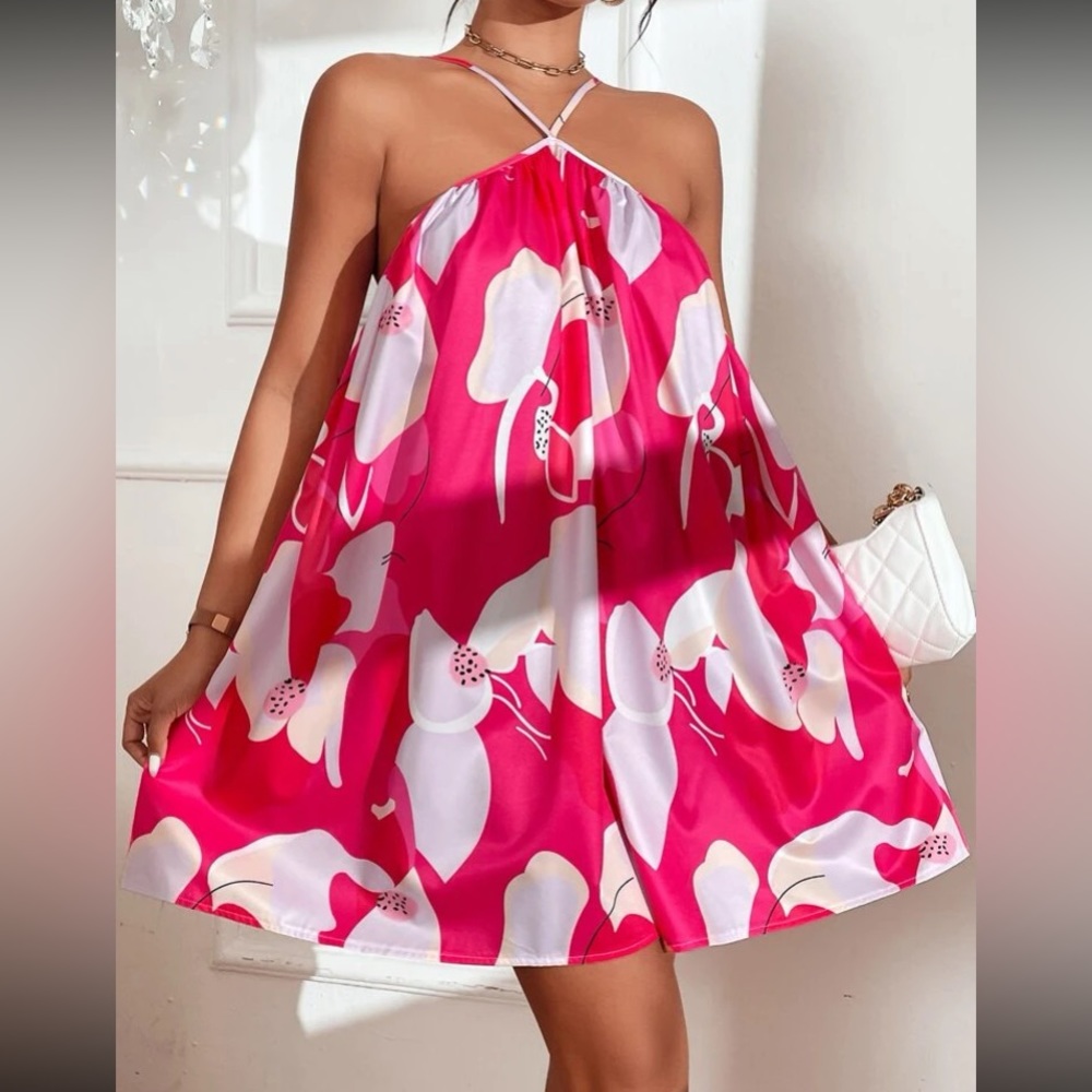 Boho floral print halter mini dress